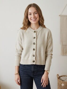 Quince 100% Organic Cotton Cropped Cardigan in Speckled Beige Size XS